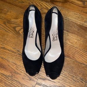 Salvatore Ferragamo Black Suede Peep Toe Pumps